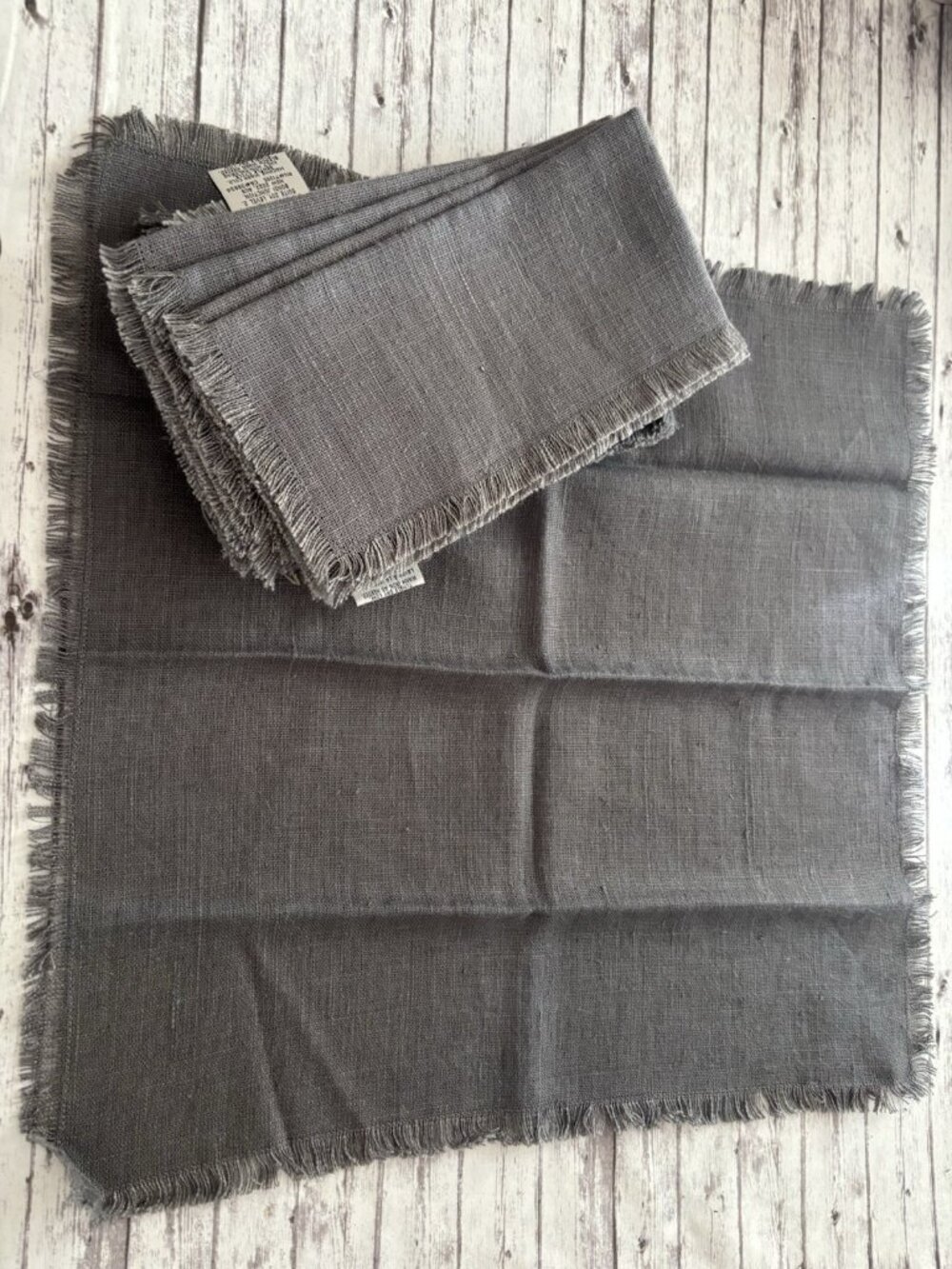 Set Of 8 Williams Sonoma Fringe Gray Linen Napkins Square Dinner Table Setting